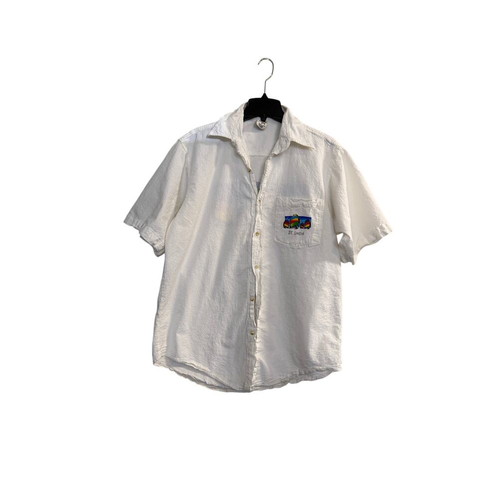 Vintage 80s Crinkle Cotton St. Lucia Button Up Shirt sz L white tropical